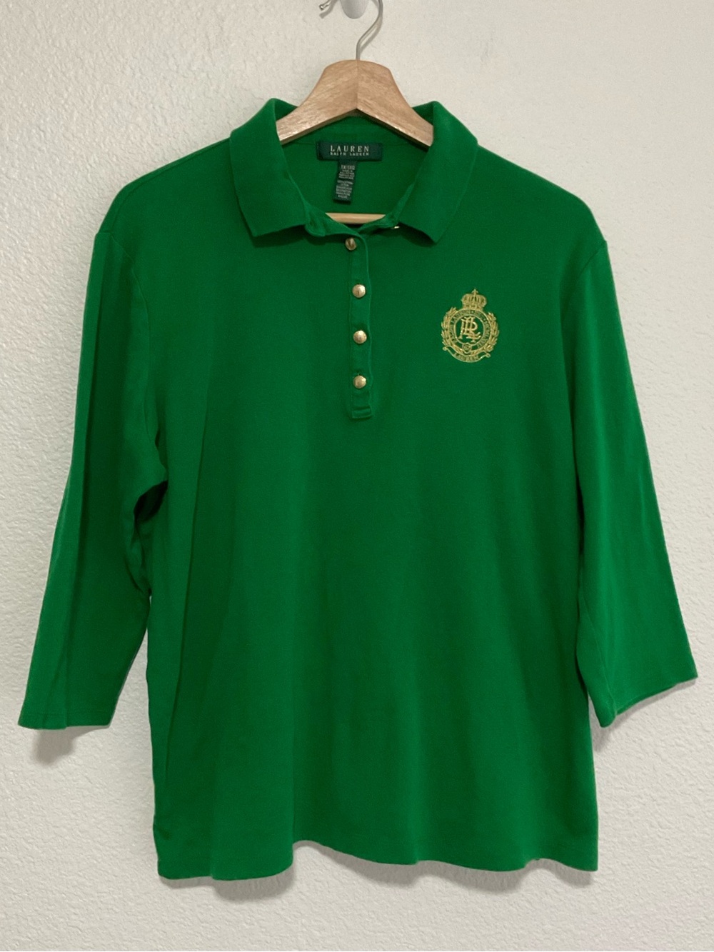 Lauren Ralph Lauren Womens Polo 3\4 Sleeve Gold Crest + Buttons Size 1X Cotton